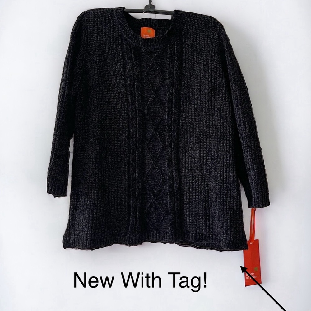 🆕 HEARTS OF PALM Solid Black Chenille Knit Pullover Sweater size: Large
